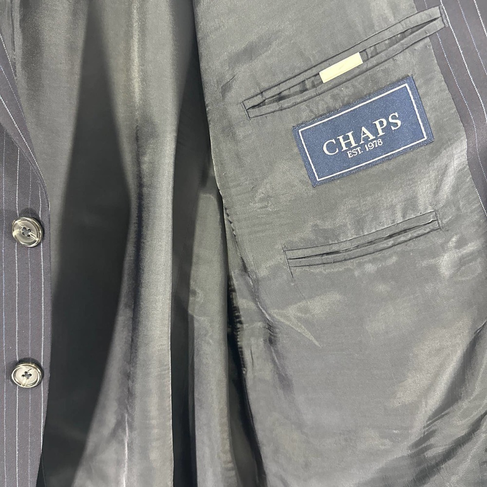 CHAPS Men's 100% 2 Button Wool Navy Blue Pin Stripe Sport Coat Suit Jacket 46R - Picture 3 of 5